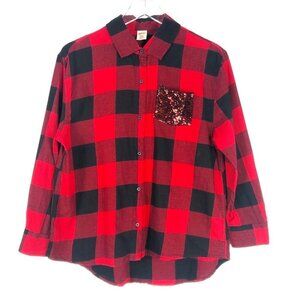 Arizona Jean Co. Flannel Shirt Kids XL 18-1/2 Plus Buffalo Plaid Sequined Pocket